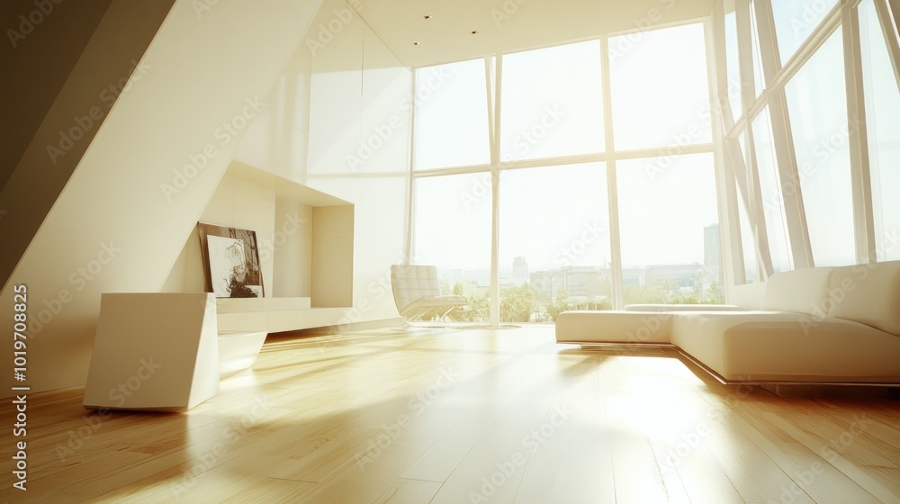 Modern, sunlit interior with large windows and minimalist furniture. Modern, sunlit interior with large windows and minimalist furniture.