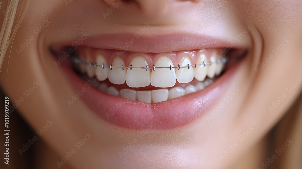 Fototapeta premium Visual comparison of a smile, from crooked teeth before braces to beautifully aligned teeth after 18 months of orthodontic treatment