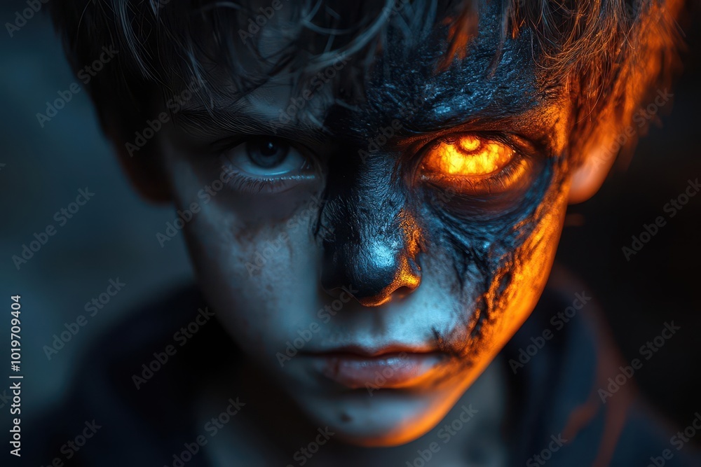 spooky halloween transformation splitscreen of a young boys face half normal and half with ghoulish makeup emerging from shadowy background with eerie orange glow spooky halloween transformation splitscreen of a young boys face half normal and half with ghoulish makeup emerging from shadowy background with eerie orange glow