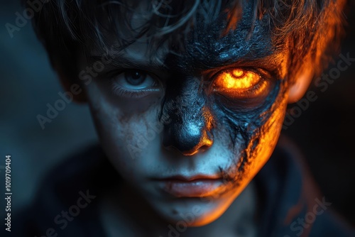 spooky halloween transformation splitscreen of a young boys face half normal and half with ghoulish makeup emerging from shadowy background with eerie orange glow