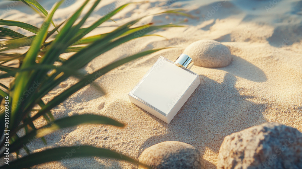 mockup white square perfume bottle lying on round stones on sand with beach background, Ai generated images mockup white square perfume bottle lying on round stones on sand with beach background, Ai generated images