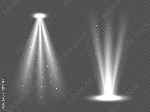 Vector Spotlight beam glitter effect. Light sources, concert lighting, stage spotlight. Boken light includes a light source, studio lighting, walls, and a PNG. Glow flare ovellay transparent texture.