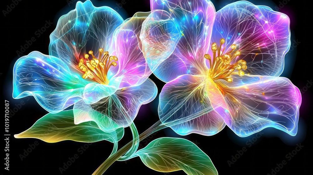 Glowing neon flowers with vibrant colors and intricate details create mesmerizing abstract art piece. luminous petals and sparkling elements evoke sense of wonder and beauty Glowing neon flowers with vibrant colors and intricate details create mesmerizing abstract art piece. luminous petals and sparkling elements evoke sense of wonder and beauty