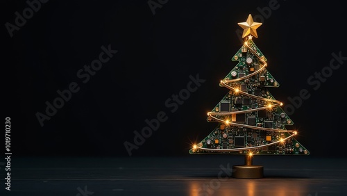 IT Christmas tree made of microcircuits, boards and wires over black background. Technology banner with copy space. Greeting card for sysadmin or engineer for Xmas and New Year holidays celebration.