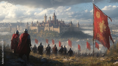 Circle of knights, clad in armor, banners catching the wind, medieval castle in the distance, preparing for battle under a stormy sky photo