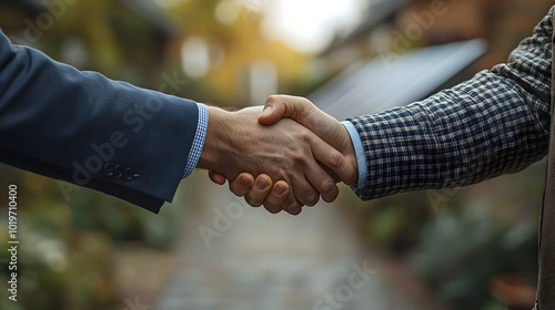 Two businessmen shaking hands in front of solar panels. 