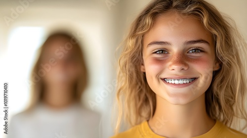 Free Download Teenager smiling confidently in front of a mirror, reflecting their teeth transformation after braces, side-by-side comparison with before photos, Soft Light, Realistic Style - GFXLoad