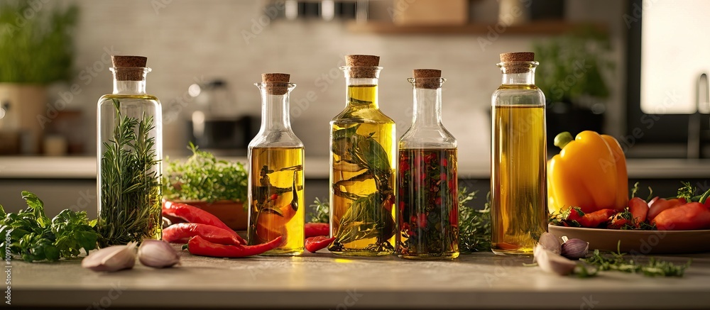 Infused Oils with Herbs and Spices in a Modern Kitchen Infused Oils with Herbs and Spices in a Modern Kitchen