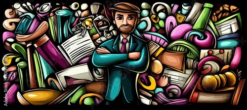 A stylized man stands confidently amidst a vibrant array of creative tools and materials.