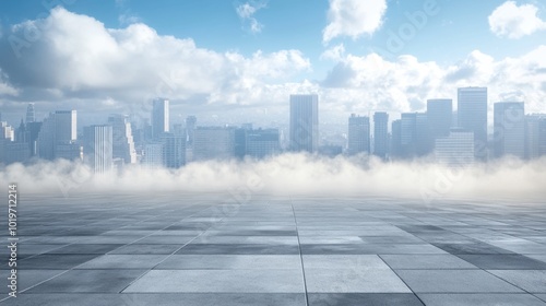 A foggy skyline of skyscrapers with a vast open concrete area in the foreground. Concept of urbanization and modern city architecture.
