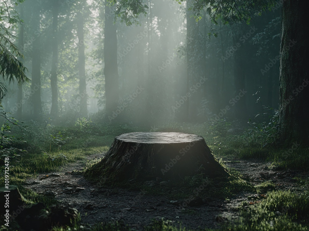 A serene forest scene featuring a moss-covered tree stump surrounded by mist and trees. A serene forest scene featuring a moss-covered tree stump surrounded by mist and trees.
