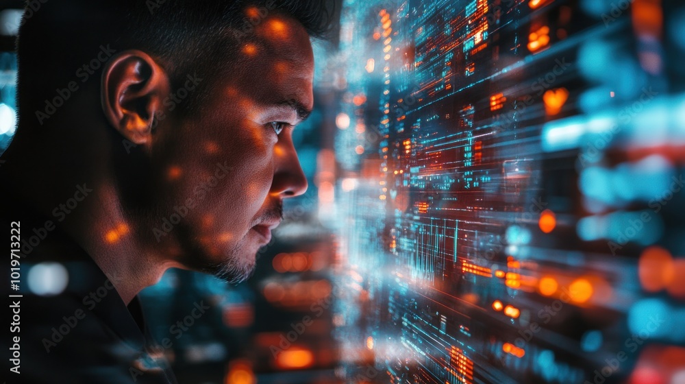 A focused individual analyzes data on a digital interface, surrounded by vibrant visual elements. A focused individual analyzes data on a digital interface, surrounded by vibrant visual elements.