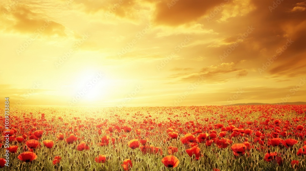 A serene field of poppies under a golden sky, symbolizing remembrance, sacrifice, and the memory of Anzac war veterans A serene field of poppies under a golden sky, symbolizing remembrance, sacrifice, and the memory of Anzac war veterans