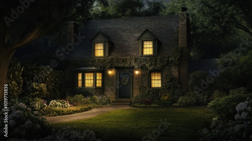 A cozy, illuminated house at night surrounded by lush greenery and colorful flowers.
