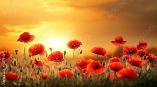 A serene field of poppies under a golden sky, symbolizing remembrance, sacrifice, and the memory of Anzac war veterans