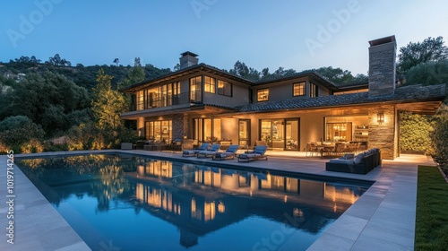 Elegant modern villa with a pool, surrounded by greenery at twilight.