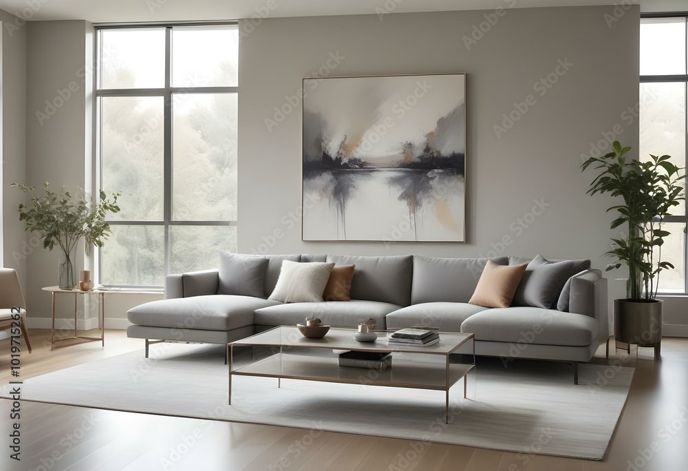 A modern and minimalist living room with a gray sectional sofa, a large abstract painting on the wall, and a coffee table with metal frames. A modern and minimalist living room with a gray sectional sofa, a large abstract painting on the wall, and a coffee table with metal frames.