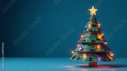 IT Christmas tree made of microcircuits, boards and wires over blue background. Technology banner with copy space. Festive mood of Xmas and New Year holidays celebration in tech