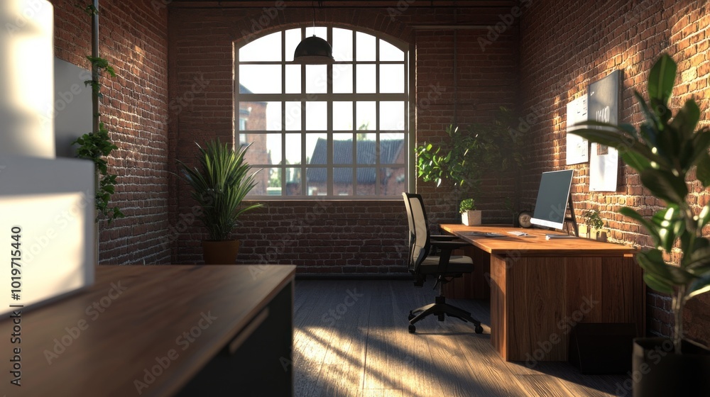 A modern office space featuring brick walls, plants, and a desk with a computer. A modern office space featuring brick walls, plants, and a desk with a computer.