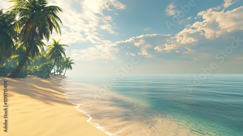 Tranquil tropical beach with lush palm trees and clear blue water.