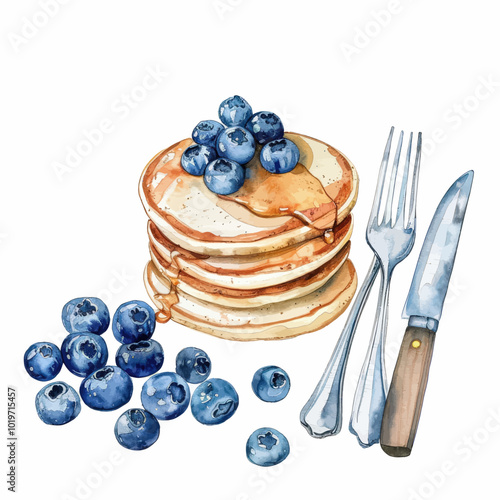 Pancakes with Blueberries and Syrup Watercolor Illustration
