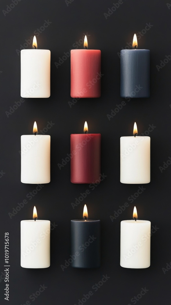 A minimalist arrangement of white, red, and dark blue candles on a black background. A minimalist arrangement of white, red, and dark blue candles on a black background.
