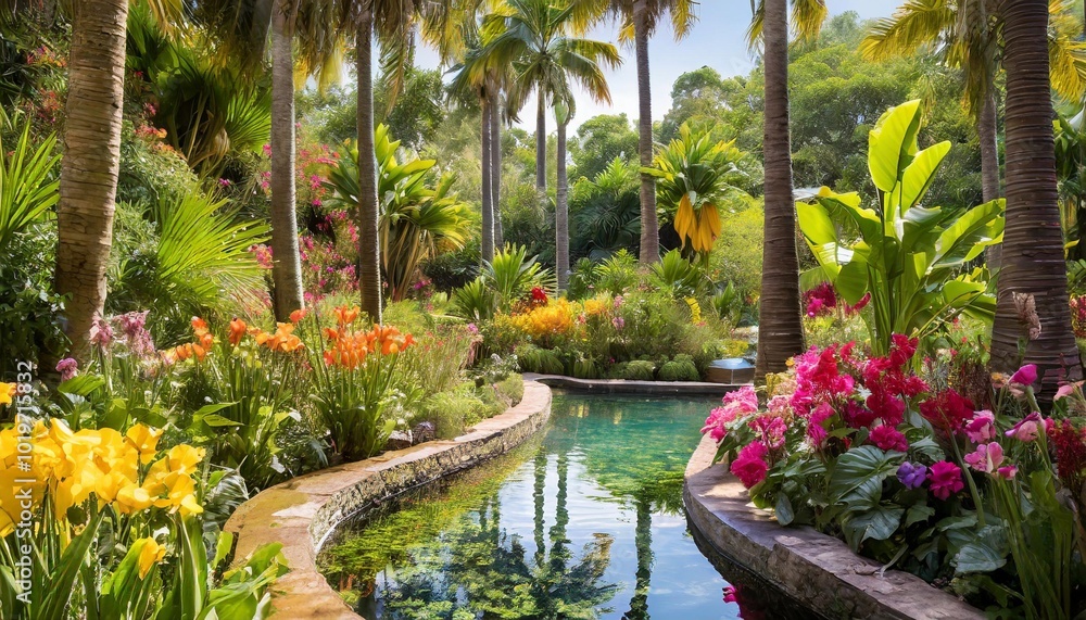 Lush Tropical Garden Filled With Exotic Flowers, Tall Palm Trees, and Water Features, Bathed in Golden Sunshine and Vibrant Colors in a Peaceful Paradise Setting Lush Tropical Garden Filled With Exotic Flowers, Tall Palm Trees, and Water Features, Bathed in Golden Sunshine and Vibrant Colors in a Peaceful Paradise Setting