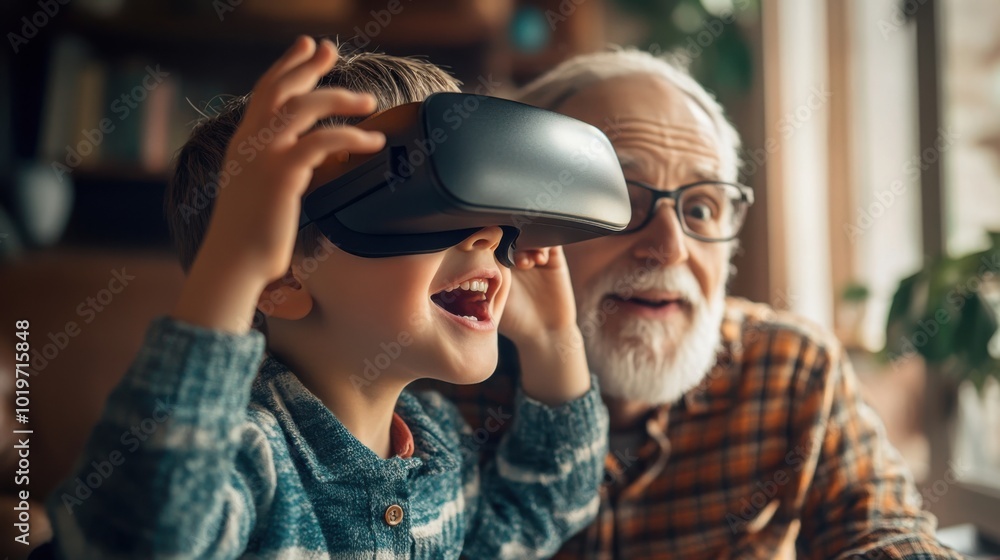 virtual reality headset, with the grandparent looking amazed, illustrating the excitement virtual reality headset, with the grandparent looking amazed, illustrating the excitement