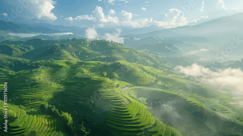 Green Rice Terraces in the Mountains  
