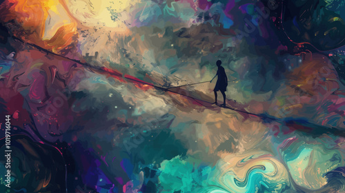 Abstract Painting of a Person Walking on a Tightrope in the Sky 
