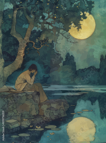 Man Contemplating by the Lake at Night 
