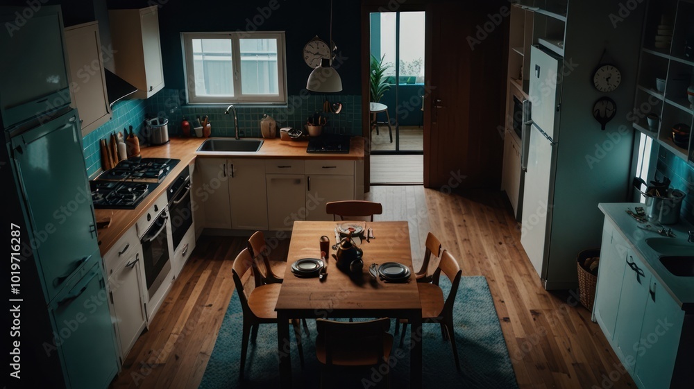 A modern kitchen with a dining table set for two, featuring a light wood floor, teal cabinets, and a view of a patio through a door. A modern kitchen with a dining table set for two, featuring a light wood floor, teal cabinets, and a view of a patio through a door.
