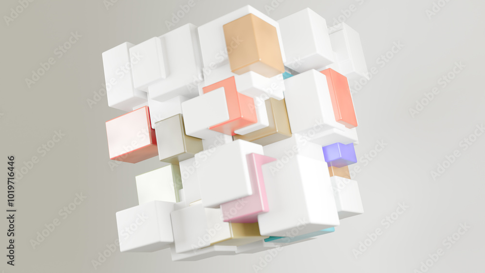Abstract Floating Cubes in a Minimalist 3D Design with Pastel Accents. An arrangement of white and pastel-colored cubes suspended in a minimalist 3D space, modern visual aesthetic. Abstract Floating Cubes in a Minimalist 3D Design with Pastel Accents. An arrangement of white and pastel-colored cubes suspended in a minimalist 3D space, modern visual aesthetic.
