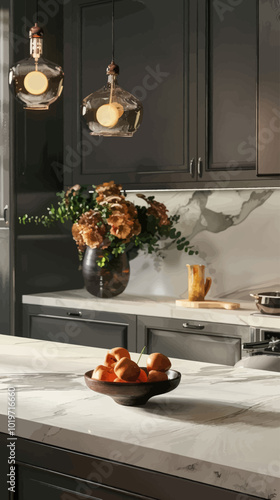 Modern Kitchen with Marble Countertop and Pendant Lights
