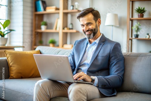 Caucasian man working on laptop in home office smiling and business casual