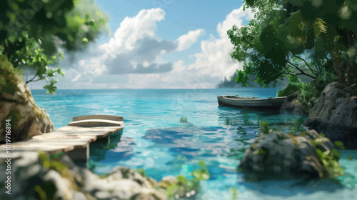 Wooden Dock and Boat in Tropical Lagoon 
