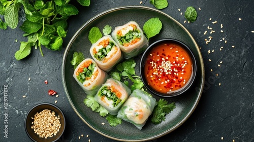 Asian spring rolls with fresh herbs and chili dipping sauce on a plate. Concept of street food and savory appetizers.