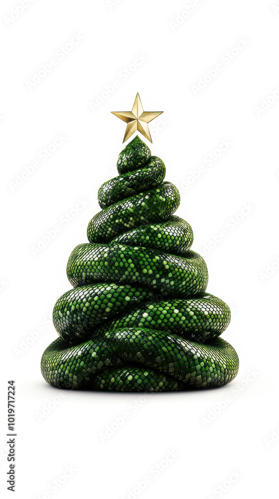 Creative snake shaped christmas tree with golden star topper against white background Creative snake shaped christmas tree with golden star topper against white background