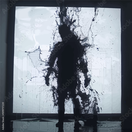 Silhouette Standing in Front of Spattered Projection  
