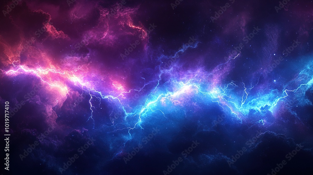 A purple and blue lightning bolt illuminates the darkness of night A purple and blue lightning bolt illuminates the darkness of night