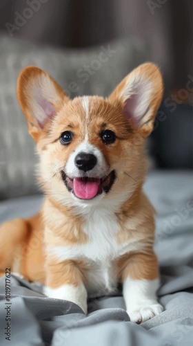 Smiling Corgi Puppy on Gray Blanket