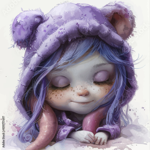 Dreaming Octopus Girl with Purple Hair