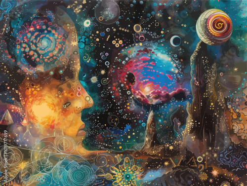 Abstract Cosmic Art with Two Faces and Nebulae  
