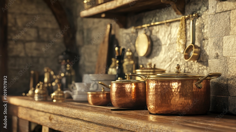 Beautiful copper cookware with brass accents in a rustic kitchen setting, symbolizing the art of traditional cooking. Beautiful copper cookware with brass accents in a rustic kitchen setting, symbolizing the art of traditional cooking.