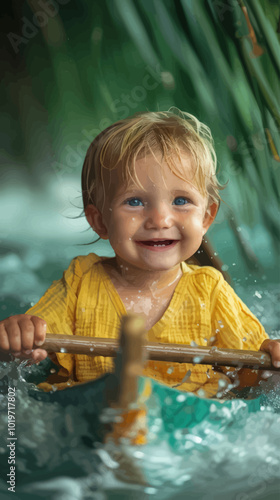 Smiling Baby in a Boat on the Water 
