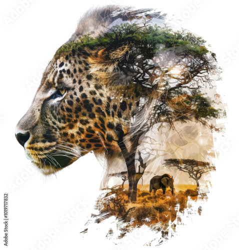 Leopard and African Landscape Double Exposure 
