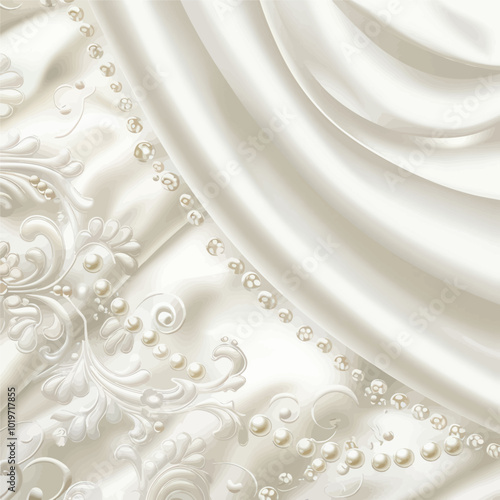 White Silk Fabric with Pearls and Floral Design 
