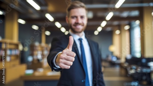 Smiling businessman showing thumbs up in modern office setting. photo