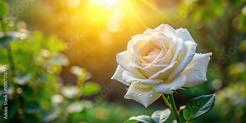 Beautiful single white rose flower blooming in a garden with water droplets and sunlight