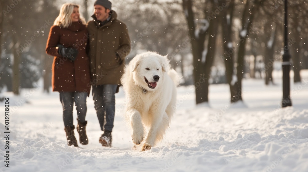 A couple walks a fluffy dog in a snowy park, enjoying a winter day together. A couple walks a fluffy dog in a snowy park, enjoying a winter day together.